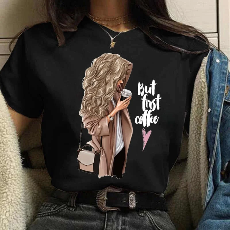 Coffee Girl Casual Women's T-shirt New Black Girl's Top Round Neck Y2K Harajuku 90S Fashion Short Sleeve Clothes,Drop Ship