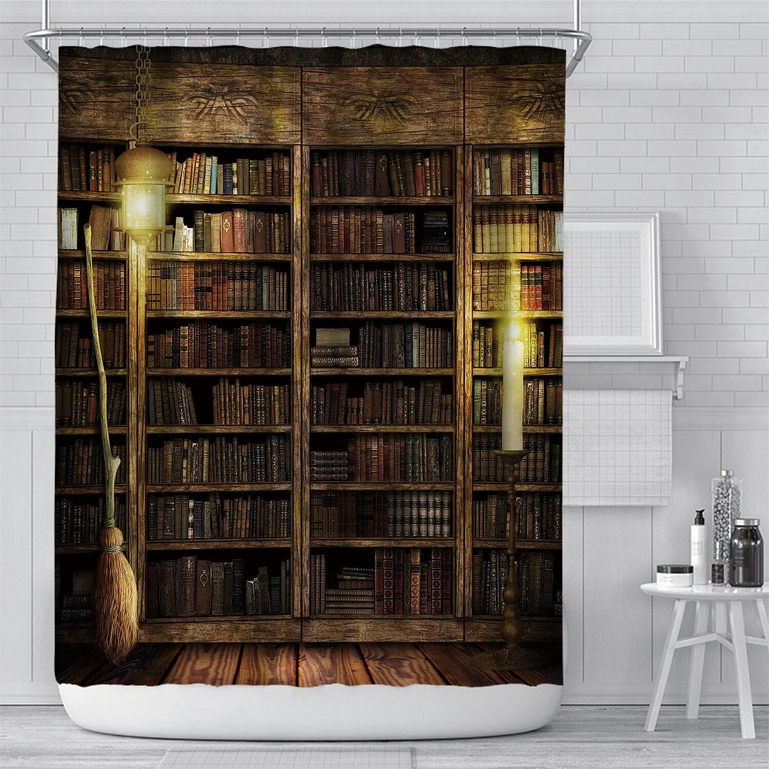 Vintage Library Books Photo Shower Curtain Magic Bookshelf Printing Bathroom Decor Curtains Set Waterproof Fabric With Hooks