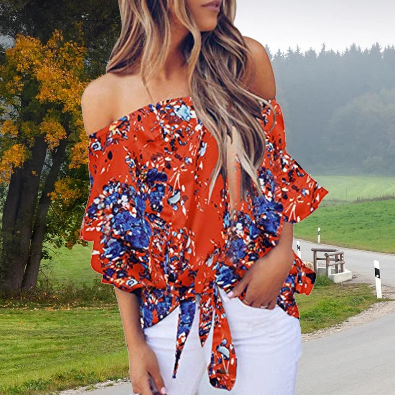 Women Summer Blouses Sexy Off Shoulder Floral Printing Shirts Spring Casual Loose Lace Up Plus Size Ladies Female Tops Blouse