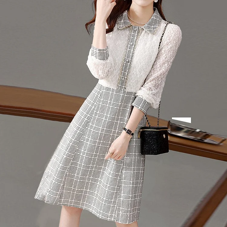 White Casual Tweed Paneled A-Line Dresses QueenFunky