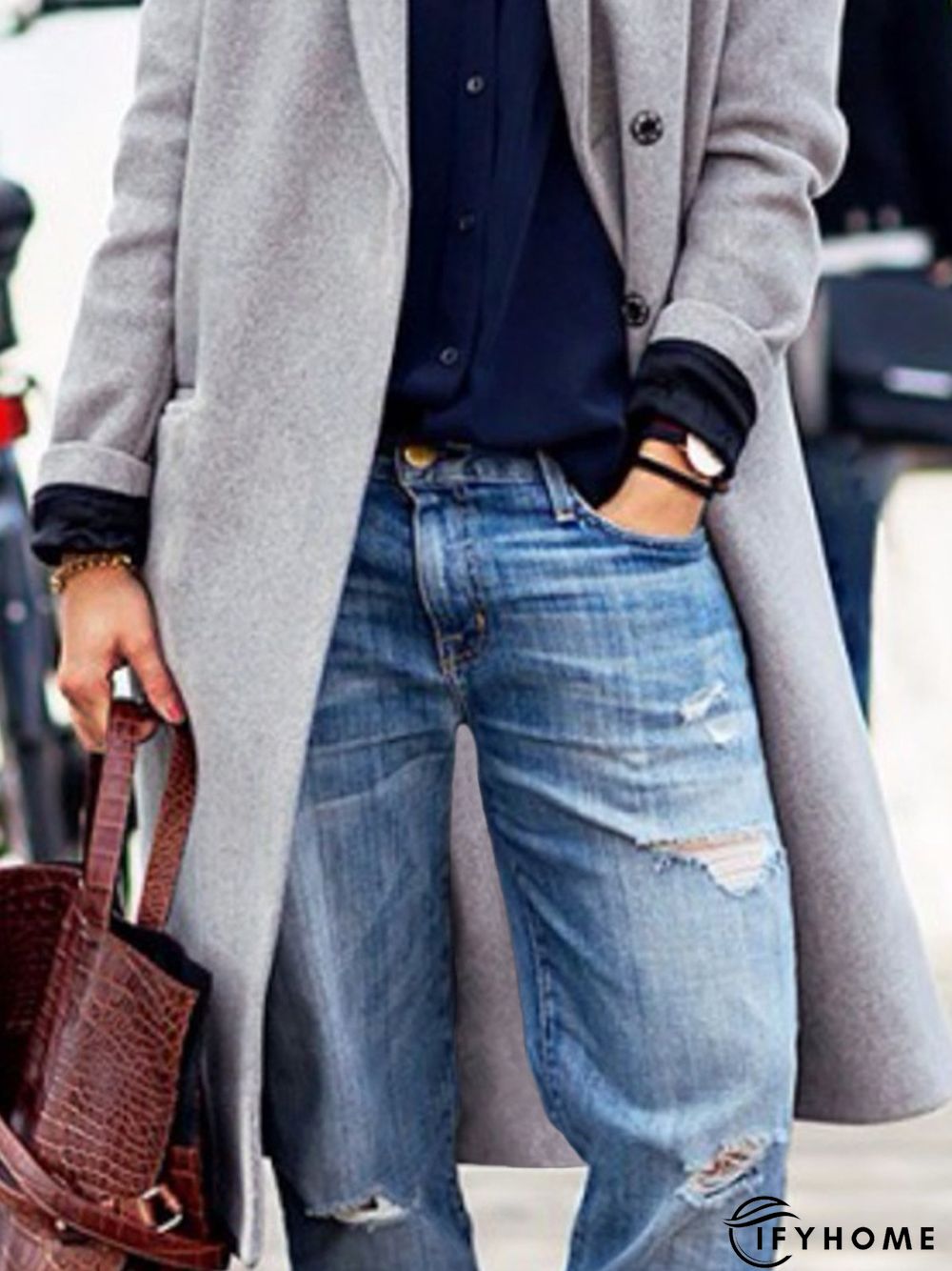 Plain Long Sleeve Lapel Collar Buttoned Casual Woolen Coat | IFYHOME