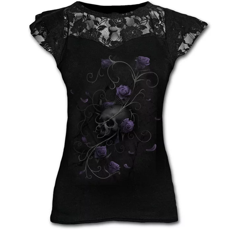 Plus Size Goth Graphic Lace T Shirts For Women Gothic Clothing Black Grunge Punk Tees Ladies Y2K Short Sleeve Tops Summer Tshirt
