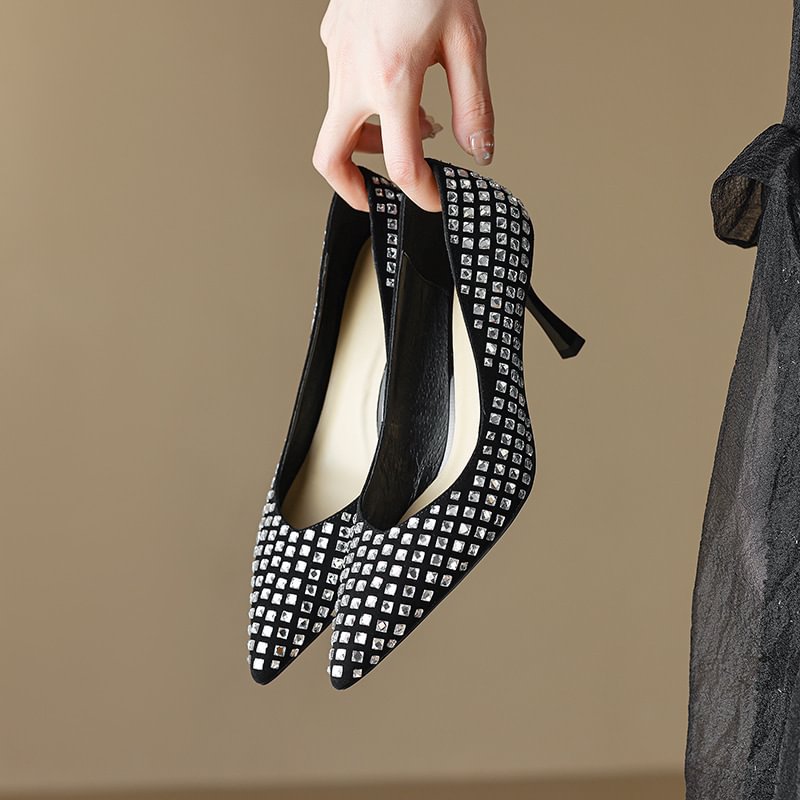 Black Rhinestone French Sheepskin Pointed Fine Heel Small High Heels-PABIUYOU- Women's Fashion Leader