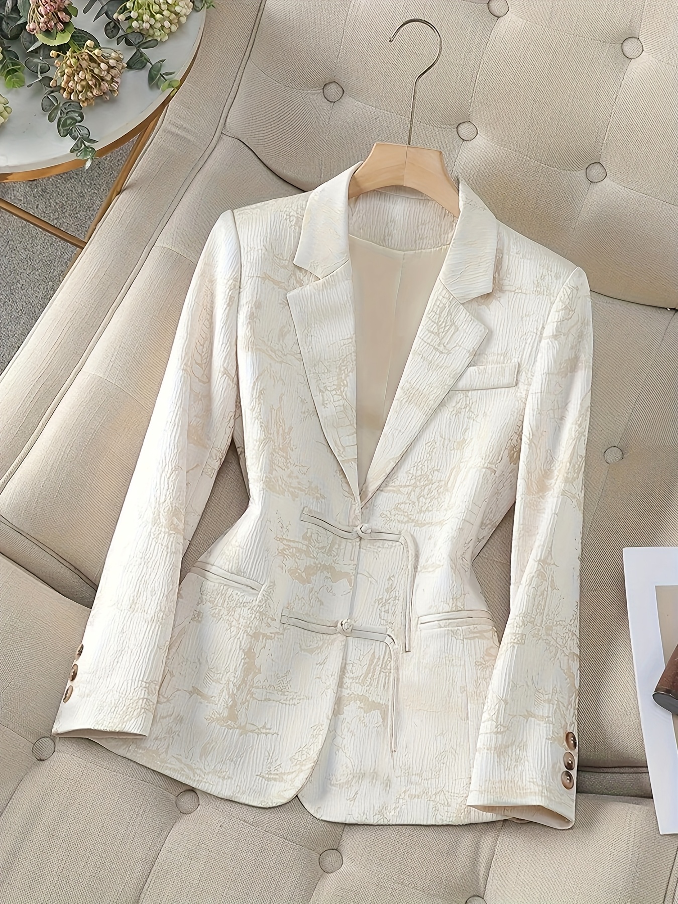 Women's Floral Print Blazer - New Chinese Style Short-Length H-Silhouette Jacket, Machine Washable All-Season Office Casual Outerwear For Petite Women, Professional Attire, Structured Design, Business Casual, Retro Fashion, Lightweight Fabric | IFYHOME