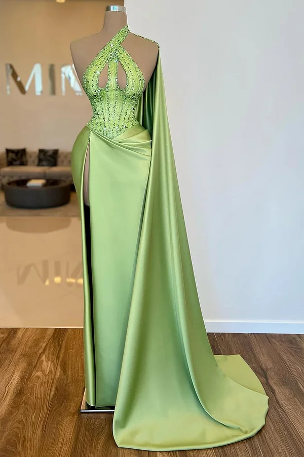 Daisda Sleeveless Halter Straps Mermaid Beads Prom Dress 