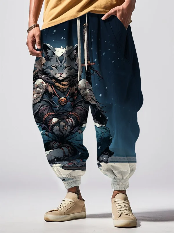 Men's Cat Saber Warrior Meditation Snow Art Print Loose Drawstring Waist Sweatpants