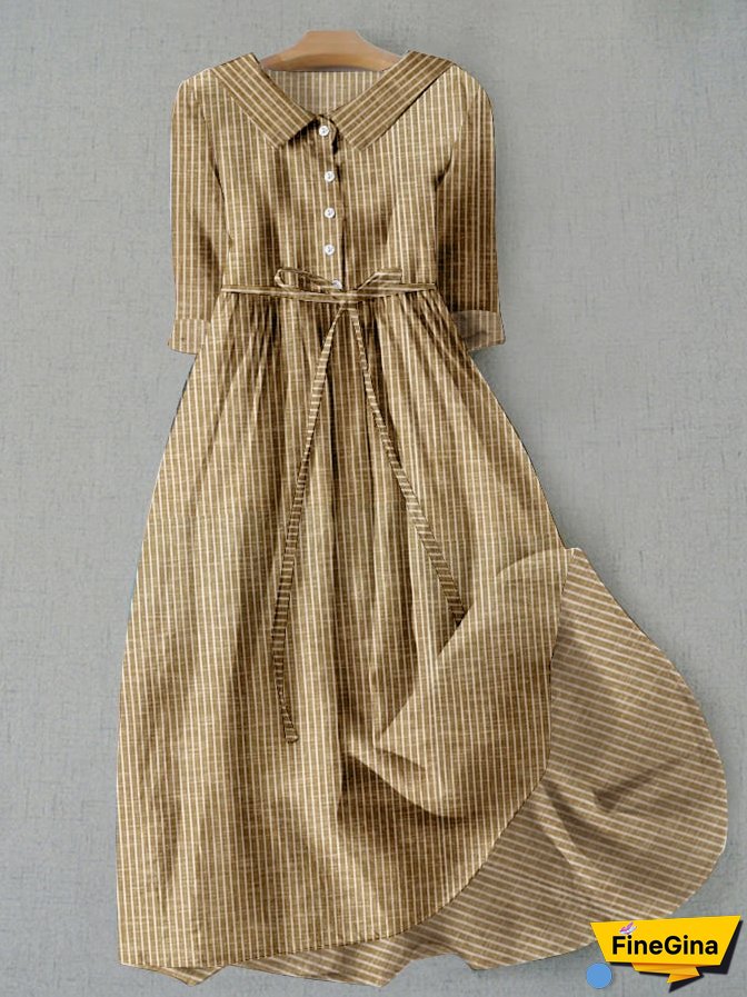 Women's Vintage Striped Design Printed Lace-Up Dress