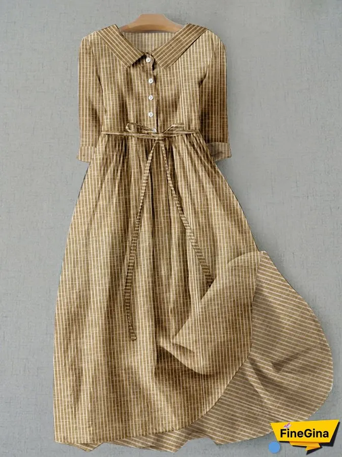 Women's Vintage Striped Design Printed Lace-Up Dress