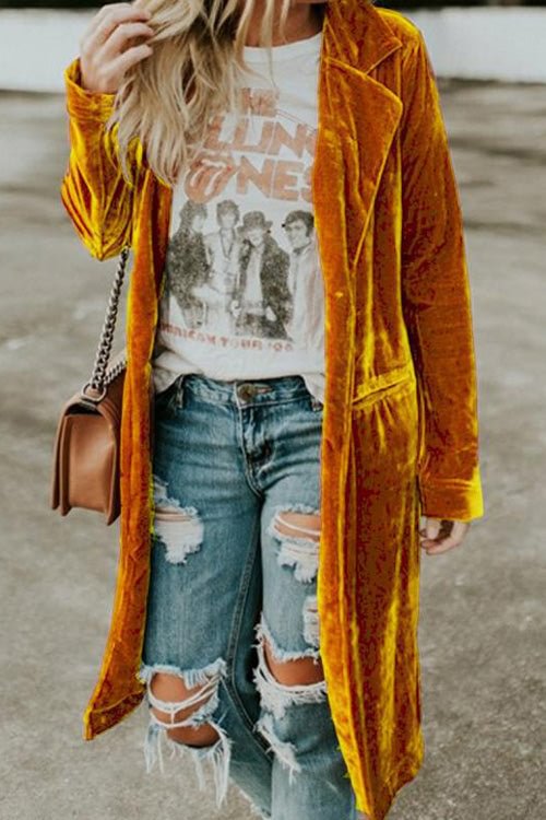 Rowangirl Fashion Chic Loose Gold Velvet Long Sleeve Pocket Coat