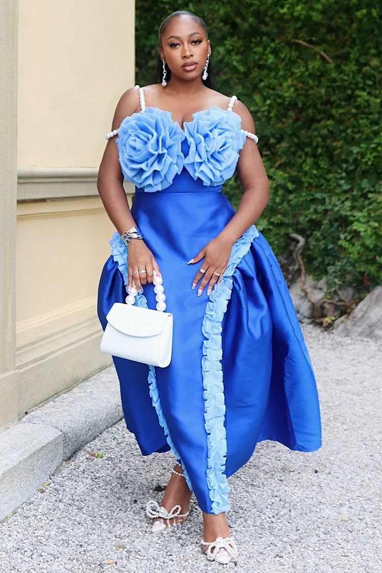 3D Flower Decor Beads Cami Ruffle Formal Party Maxi Dresses-Blue [Pre Order]