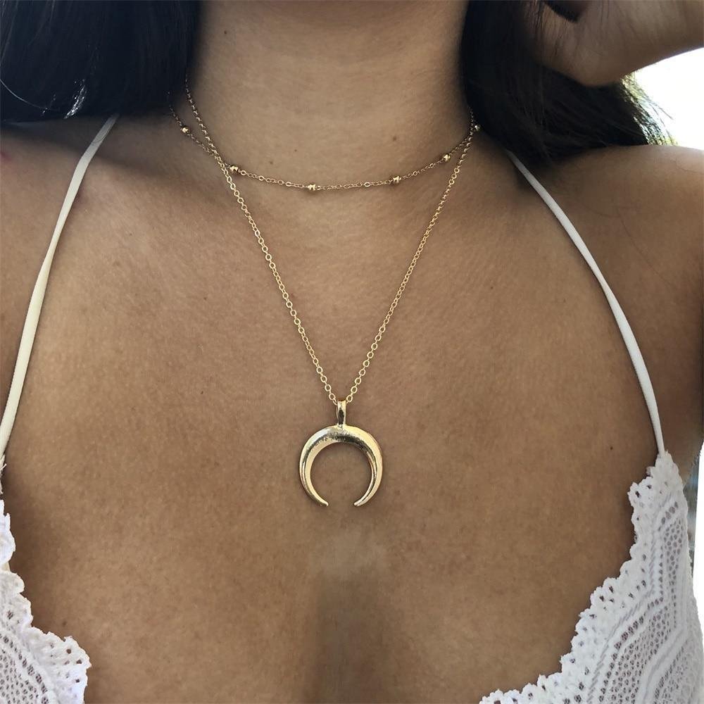 Vintage Multilayer Crescent Bohemian Gold Double Pendant Choker Necklace