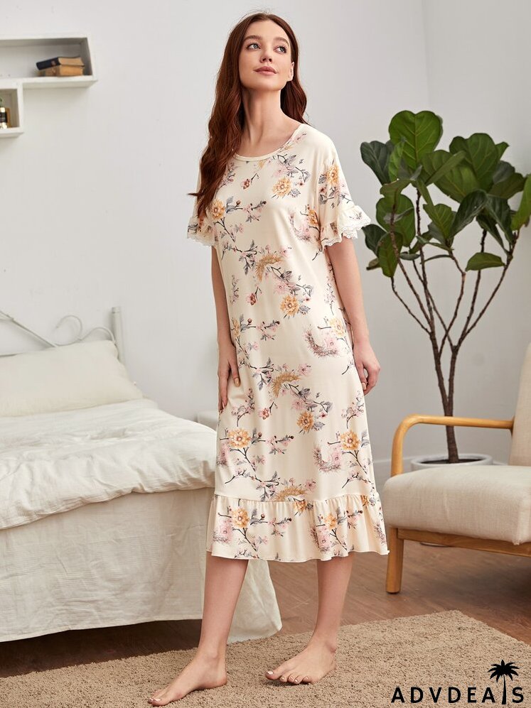 Contrast Lace Floral Print Ruffle Hem Night Dress