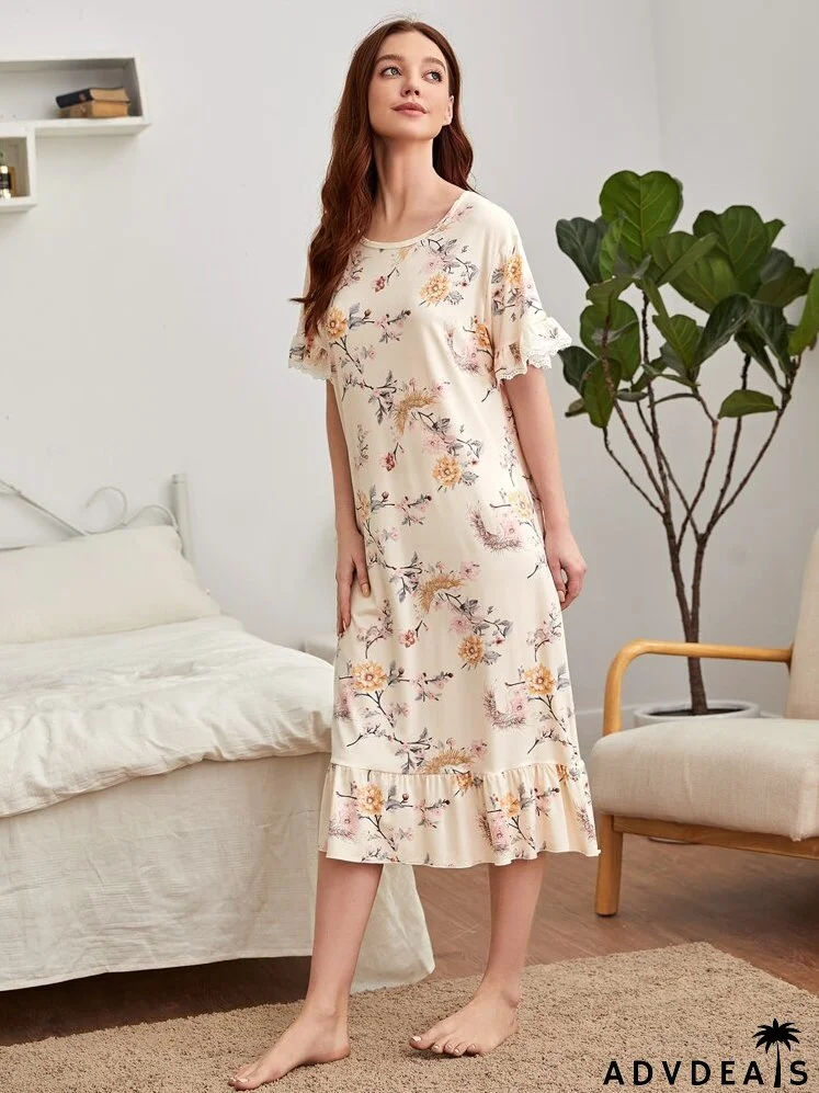 Contrast Lace Floral Print Ruffle Hem Night Dress