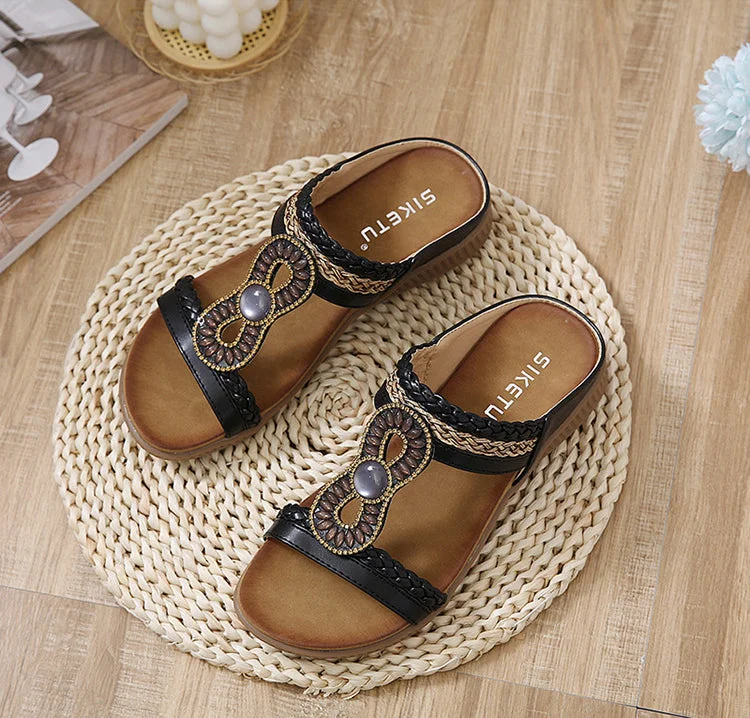 vanccy  Sandals Bohemian Rhinestone Comfortable  Holiday Shoes BS04 QueenFunky