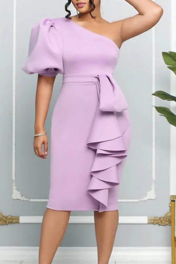 New Sloping Shoulders Puff Sleeves Hips Sexy Plus Size Dress 