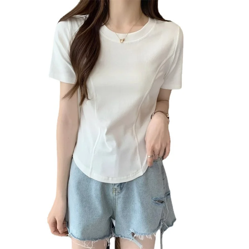 Brownm Brownm Summer New Slim Short-Sleeved T-Shirt Women's Design Sense Short Pure Desire Irregular Hem Curved Top