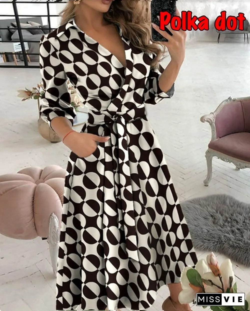 Fashion V-Neck Print Dress-SummerCasualBeltLacePartyLinePromLongSleeveLadiesTunic