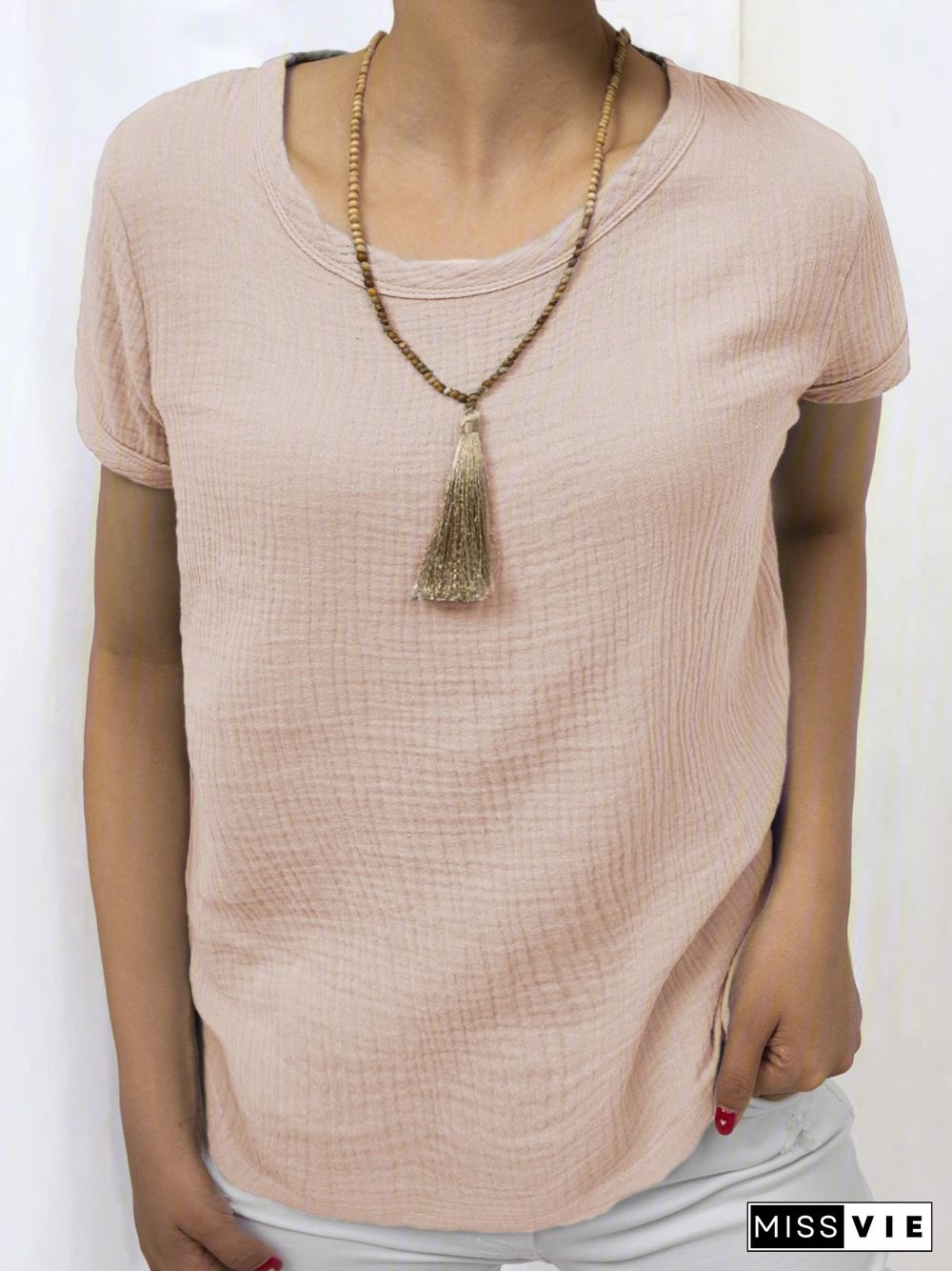 Women Casual Linen Cotton Plain Short Sleeve Blouses