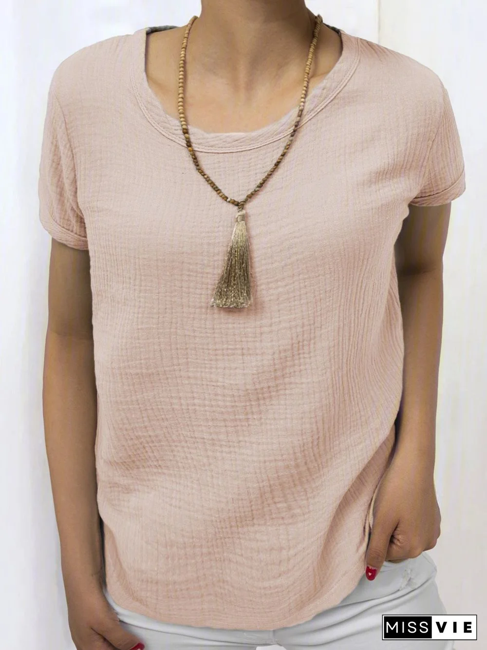 Women Casual Linen Cotton Plain Short Sleeve Blouses