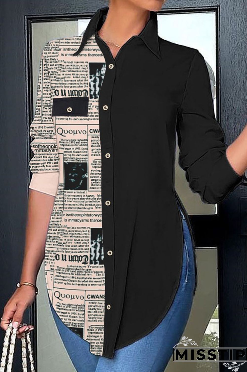 Letter Print Casual Print Patchwork Buckle Turndown Collar Tops