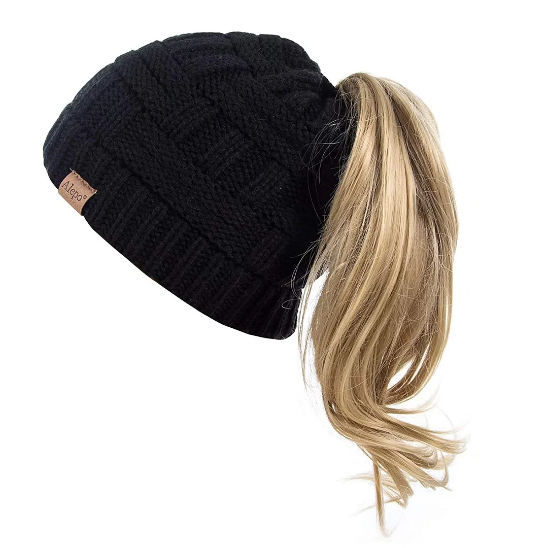 High Messy Bun Beanie Hat with Ponytail Hole, Winter Warm Trendy Knit Ski Skull Cap