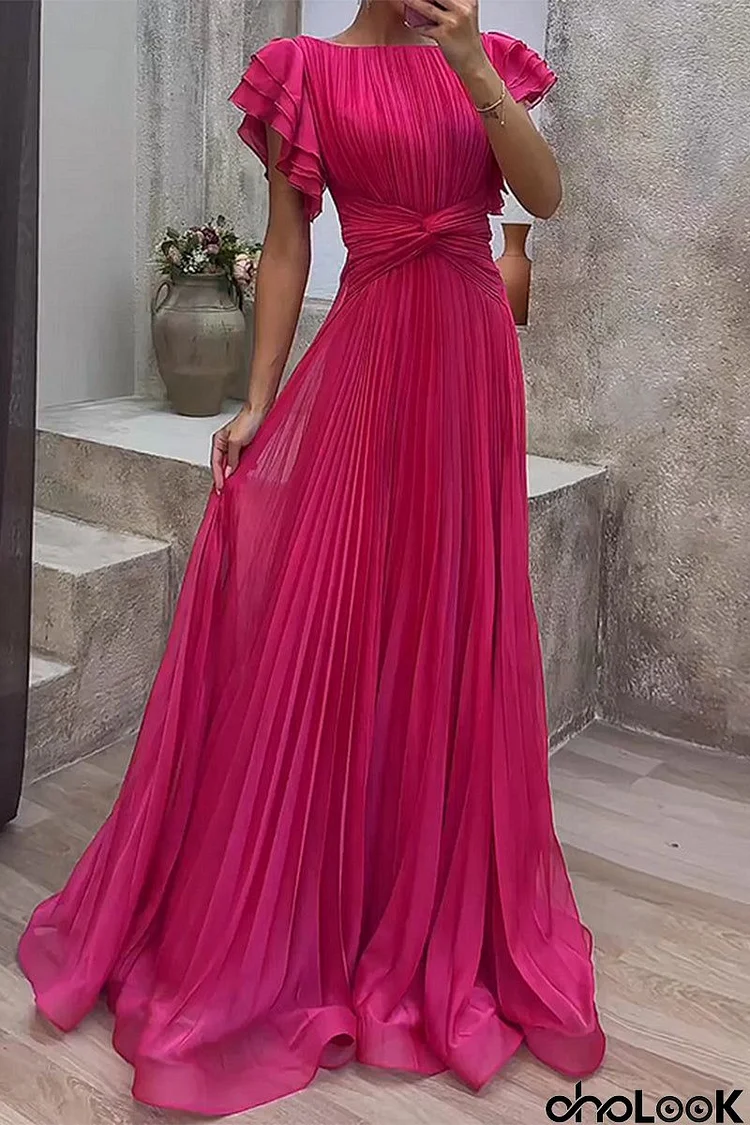 Elegant Solid Fold O Neck Waist Skirt Dresses