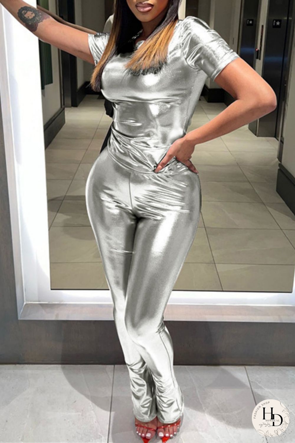 Red Casual Solid Basic O Neck Short Sleeve Two Pieces