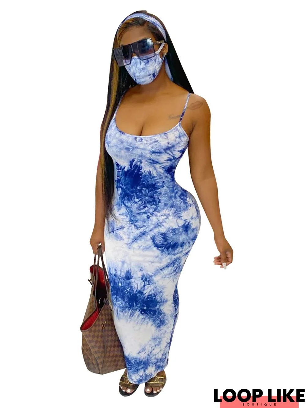 New Stylish Sexy Printed Sling Dress with Mask Headscarf