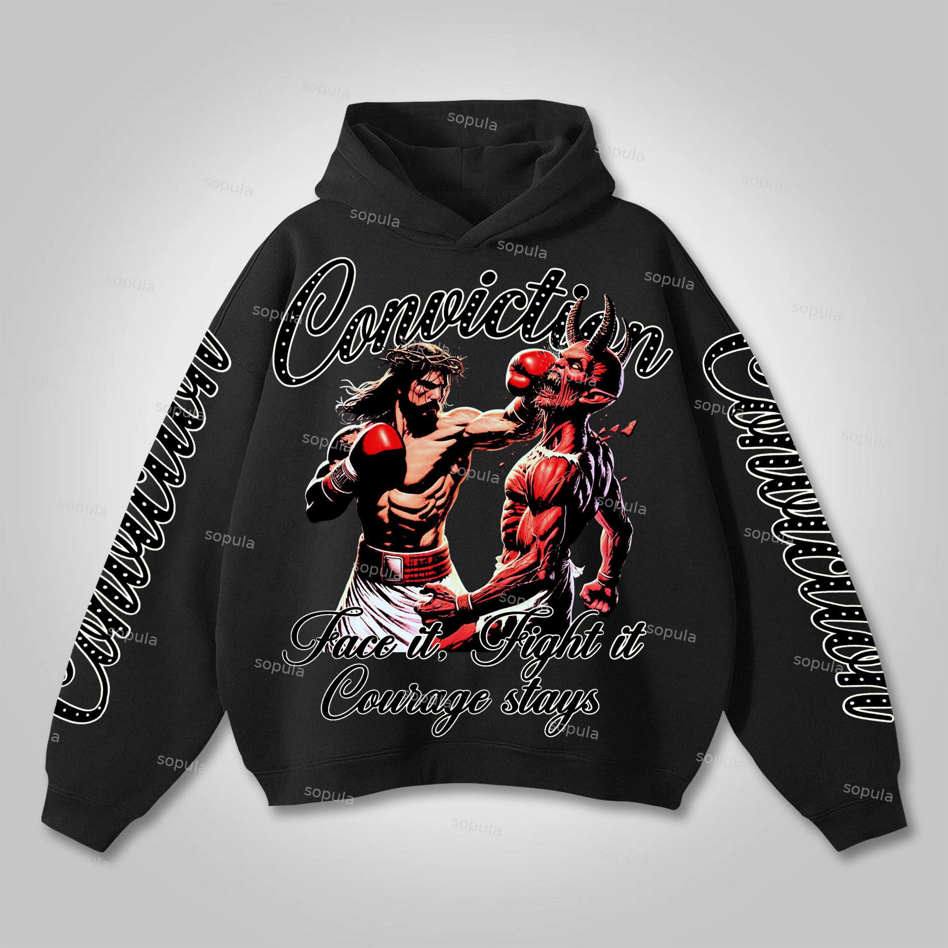 Sopula Jesus Vs Satan Printed Graphics Cotton Pocket Hoodie - SOPULA
