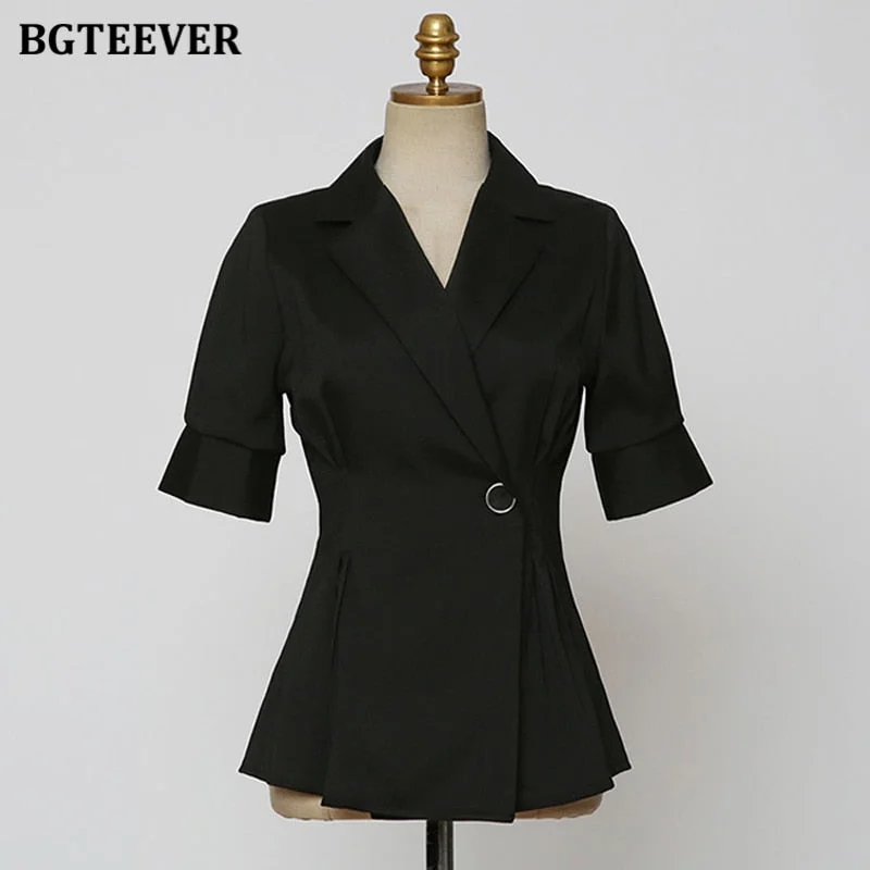 BGTEEVER Office Ladies Single Button Blazer Elegant Short Sleeve Slim Waist Female Suit Jacket Summer Casual Women Outwear Tops