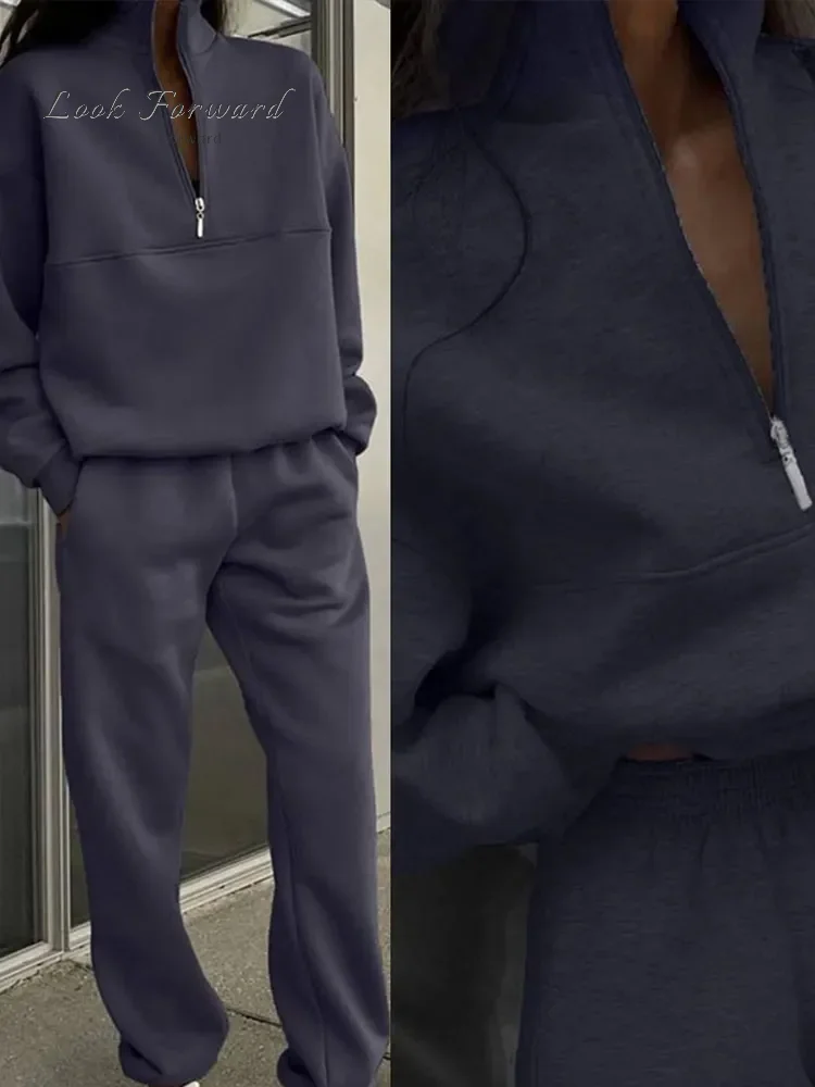 Women's Casual Loose Pullovers Zippers Elastic Waist Trousers Sweatshirt Tracksuit Sets