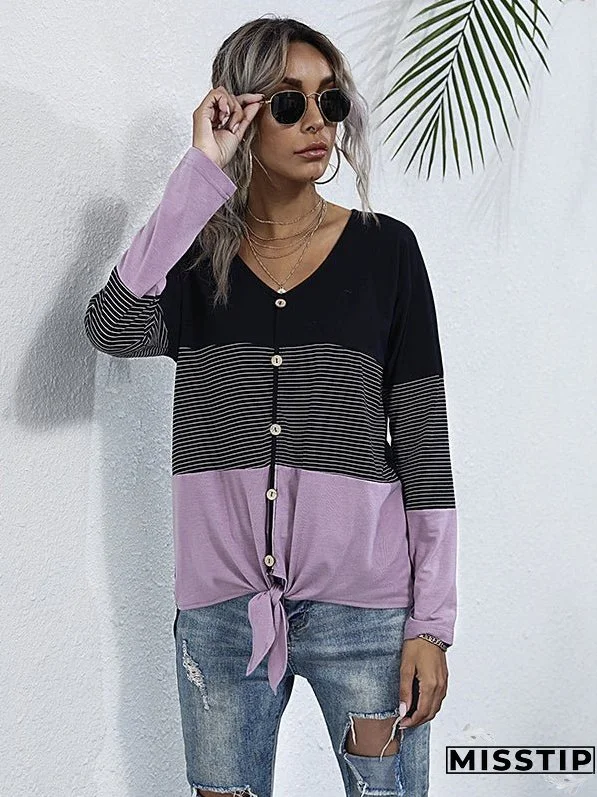V-neck Purple Splicing T-shirt