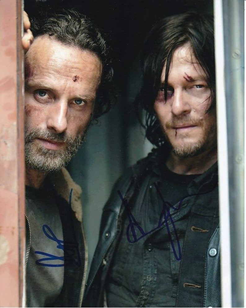 Norman reedus & andrew lincoln autographed the walking dead daryl rick Photo Poster painting