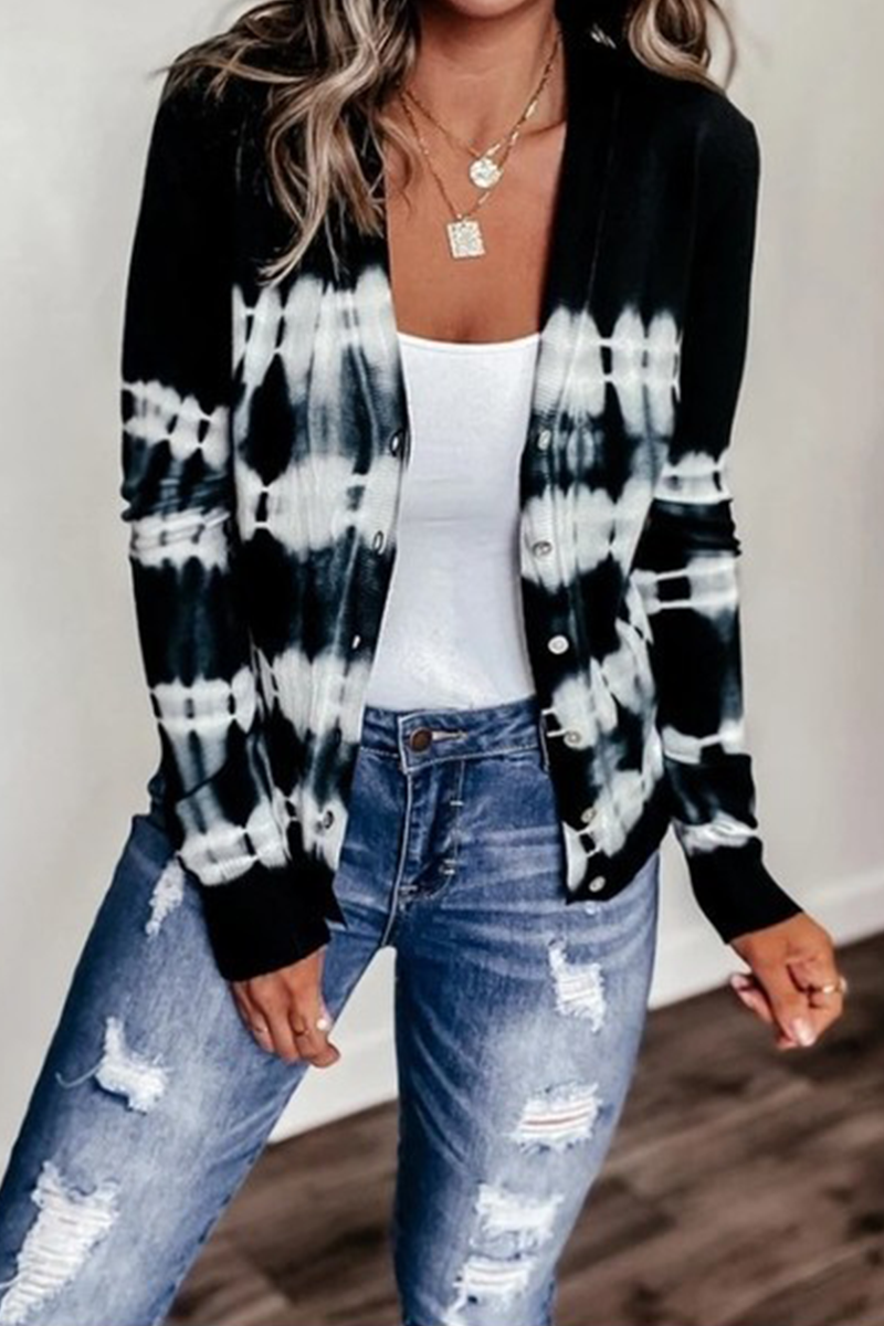 Casual Tie Dye Buckle V Neck Tops Sweater(6 Colors)