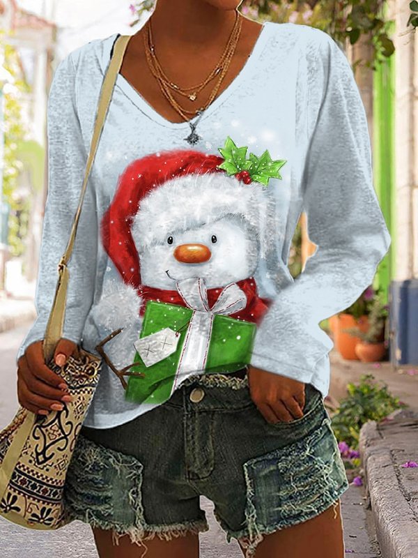 Santa With Reindeer Long Sleeves V-Neck T-Shirt