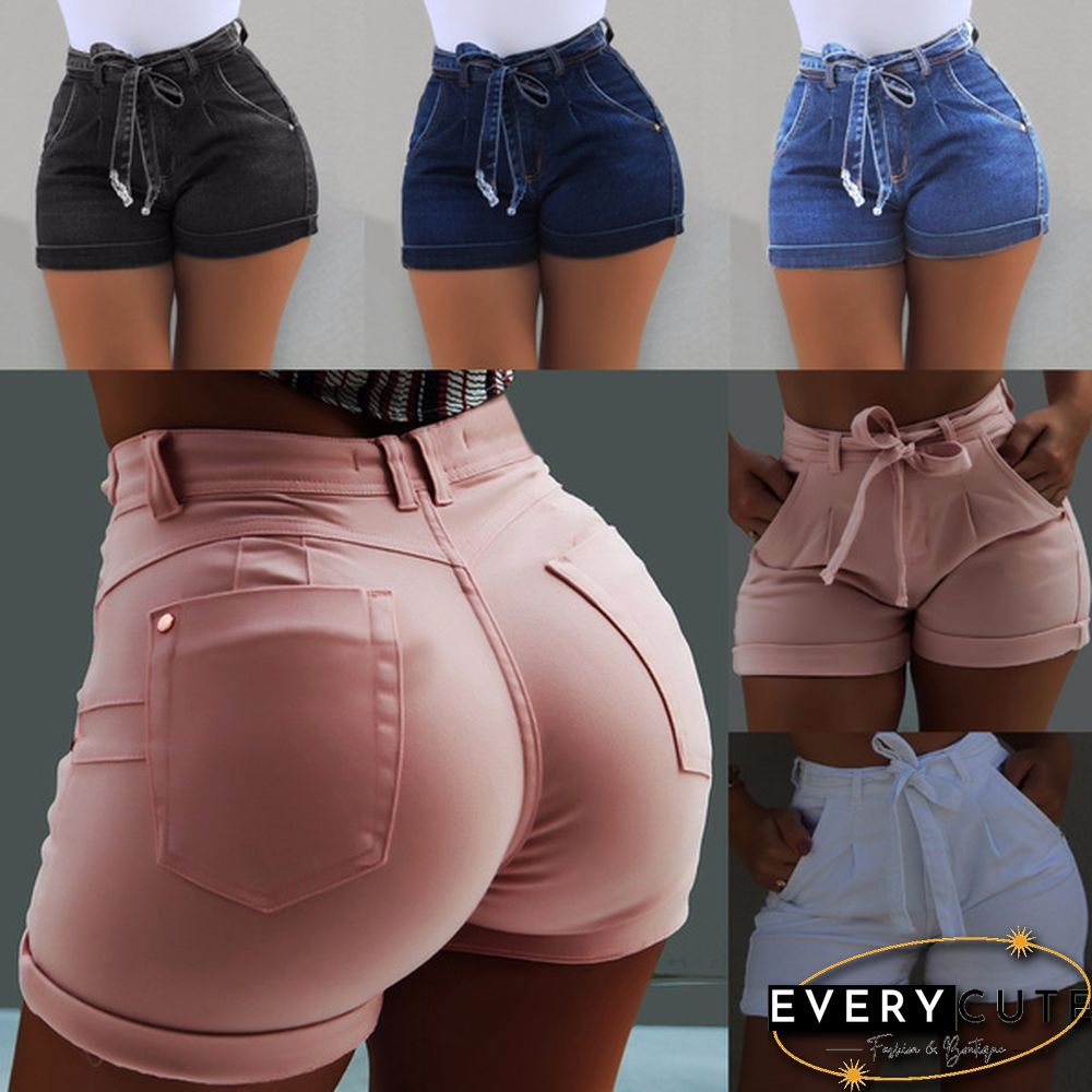 New Women's Fashion High Waist Lace-up Short Denim Jean Casual Denim Short Push Up Skinny Slim Denim Short