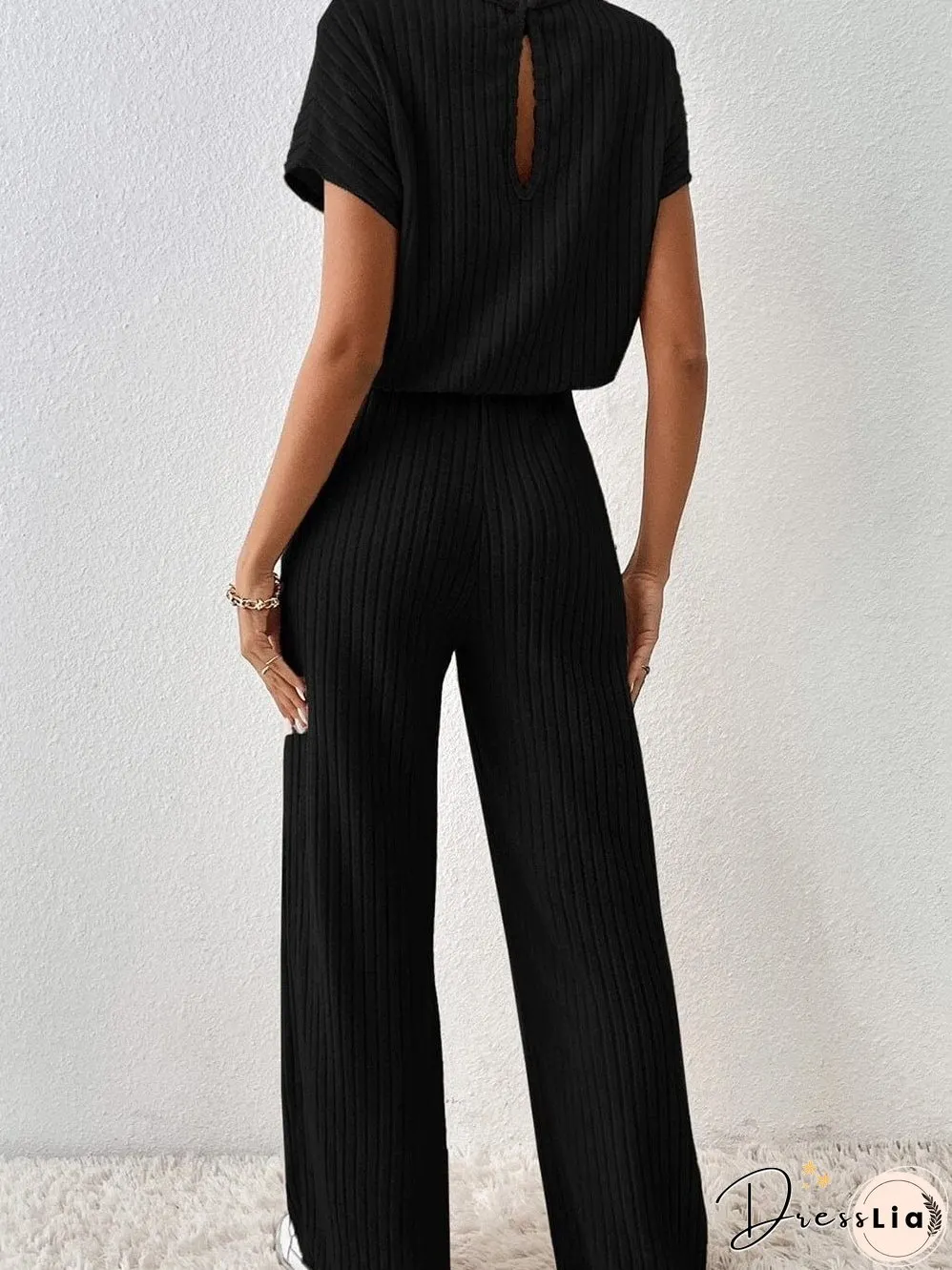 Chic Black Ribbed Wide Leg Jumpsuit with Short Sleeves