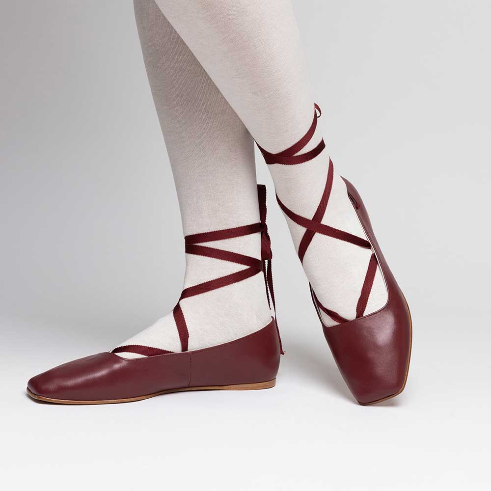 Maroon Vegan Leather Square Toe Lace-Up Comfortable Ballet Flats Nicepairs