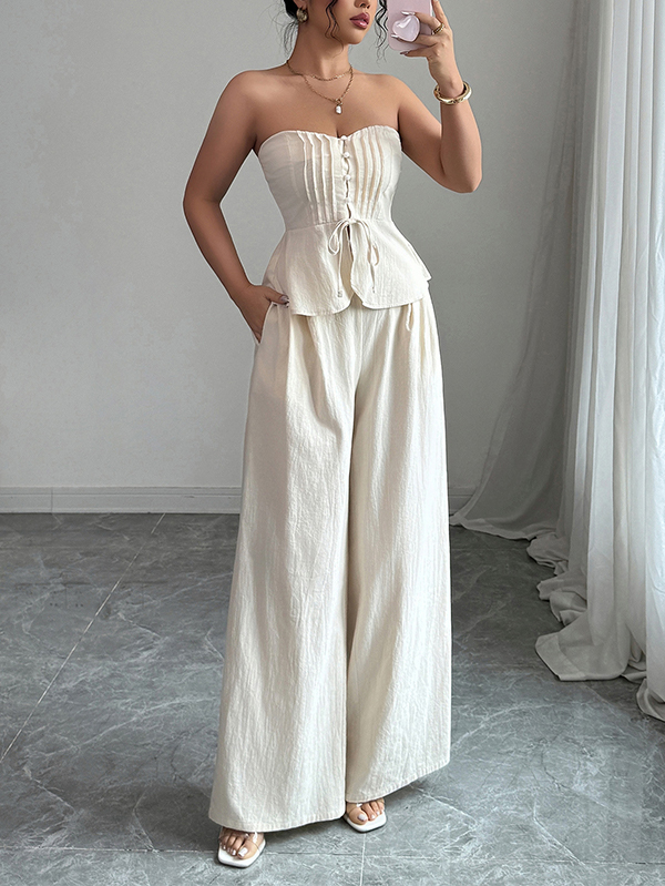 Strapless Ruched Tie Detail Top & Wide Leg Pants Set