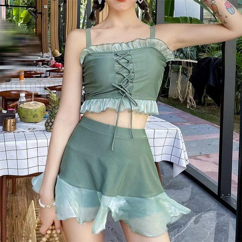 Cute Sweet Green/Black Lace Up Swimsuit SP15876
