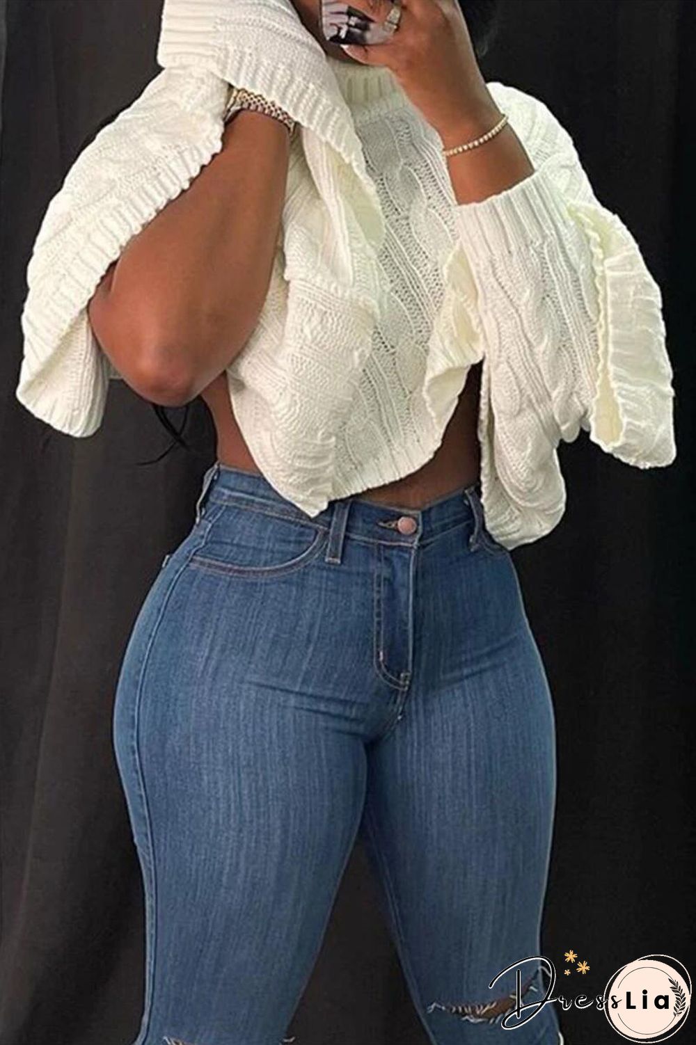 Solid Color Turtleneck Bat Sleeve Sweater Crop Top