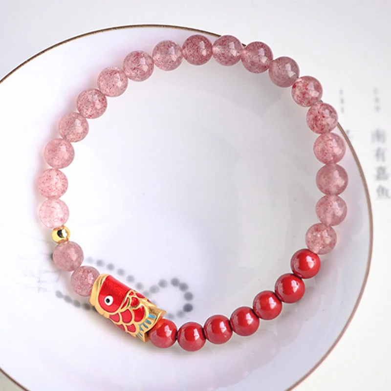 Cinnabar Strawberry Quartz Lucky Koi Fish Healing Bracelet