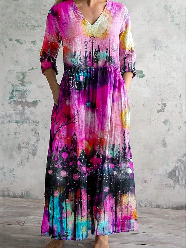Women's Abstract Art Color V-Neck Dress With Pockets