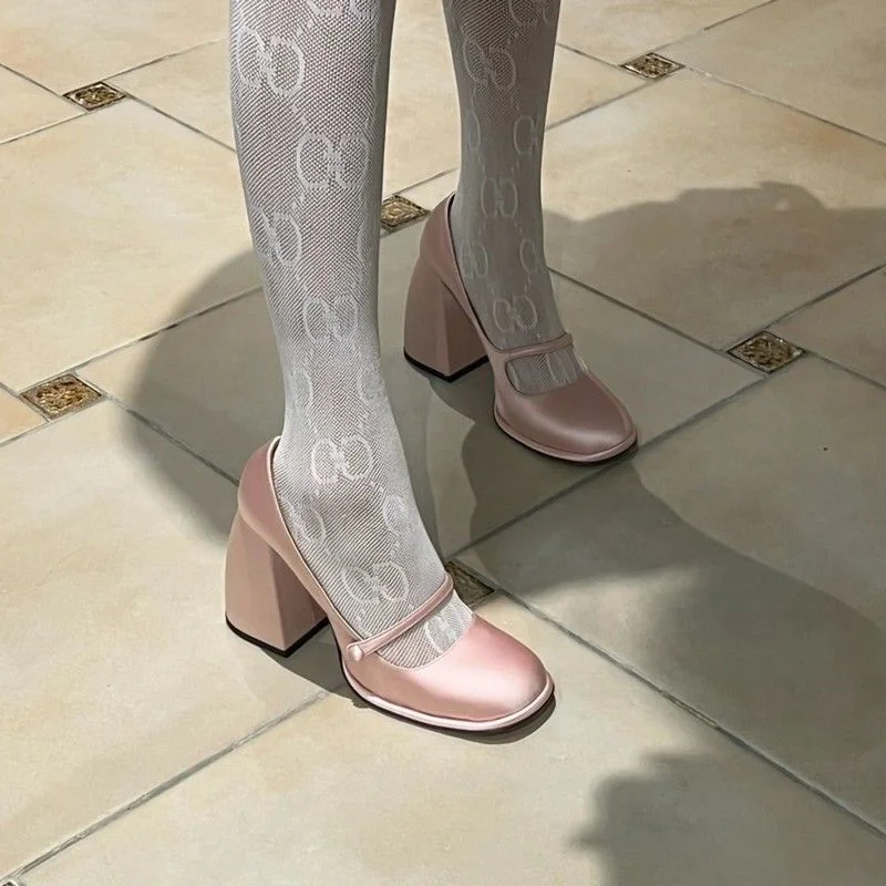 Qengg 2022 New Fashion Vintage Platform Marry Janes Pumps For Women Pink Black Buckle Spring Summer Silk Luxury High Heels Shoes