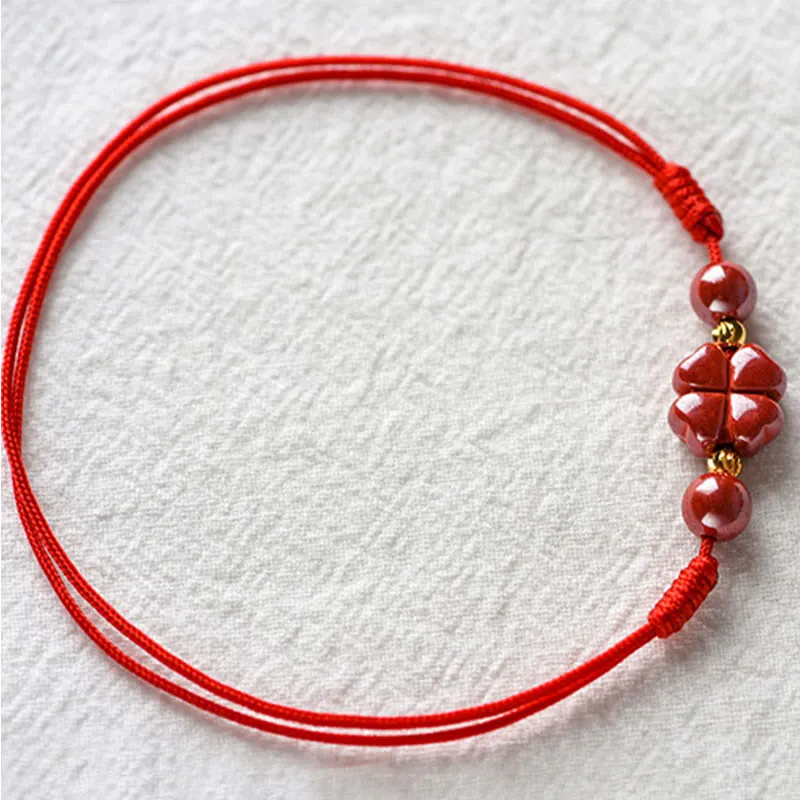 Four Leaf Clover Cinnabar Blessing Calm String Bracelet Anklet