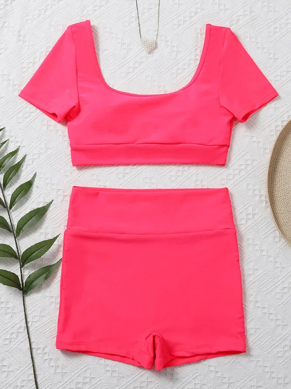 Solid Color Short-Sleeves High-Waisted Tankini Swimwear
