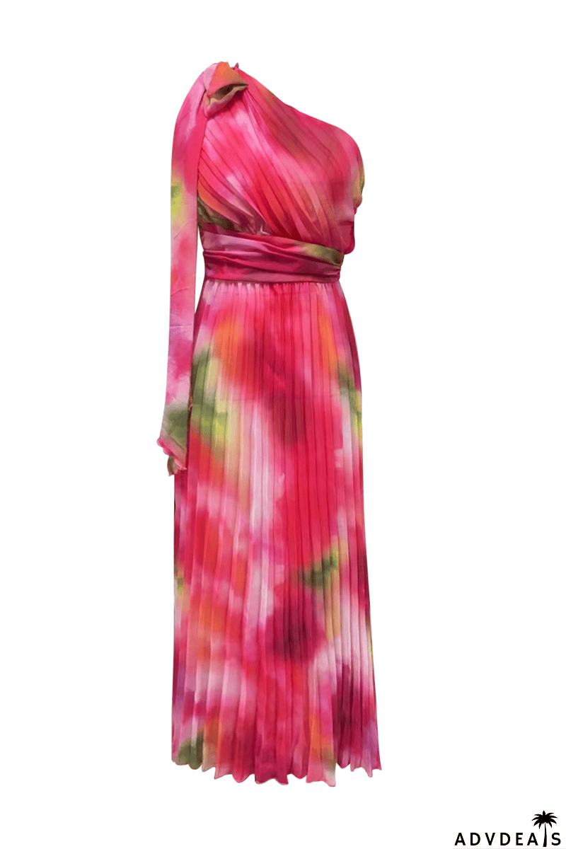 Fashion Patchwork Tie-dye One Shoulder Waist Skirt Dresses