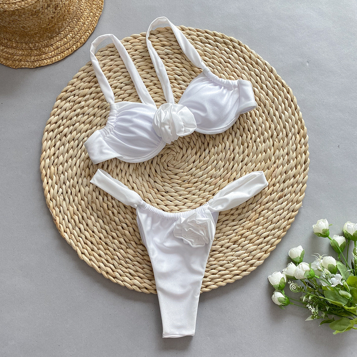 Ootddress New White Bikini Sets Summer Sexy For Women Three-dimensional Flowers Cross-border Split Ladies swimsuit Solid Fashion New