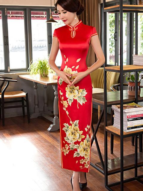 Red Side Split Long Cheongsam Dress