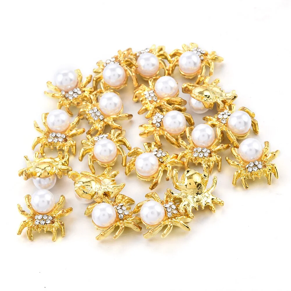 10 Pcs/Lot New Glitter Gold Spider 3D Nail Charms Jewelry DIY Pearl Alloy Nail Art Decorations Nails Tools Stickers